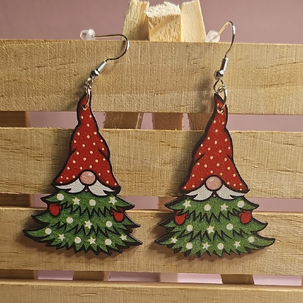 Wooden Festive Gnome Christmas Tree Earrings - Picture 1 of 3
